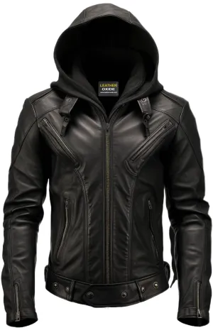 Men Hooded Leather Jacket - Hooded Black Leather Jacket